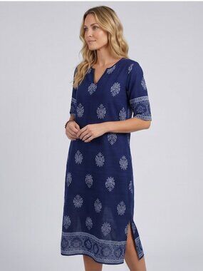 Boho Viscose Midi V- Neck Dress Blue
